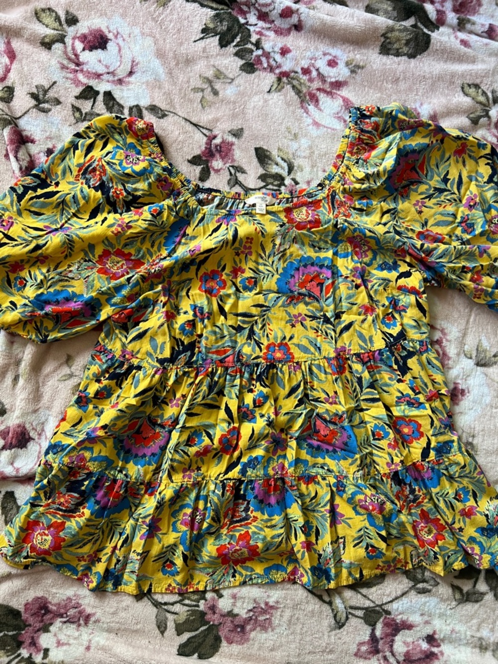 Terra & Sky Yellow Floral Puff-Sleeve Peasant Top